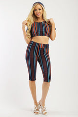 Pin Striped, 3 Piece Top, Capri Legging And Scarf Set
