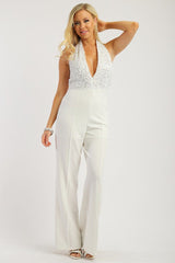 Solid Jumpsuit With Sequined Crochet Lave Halter Top