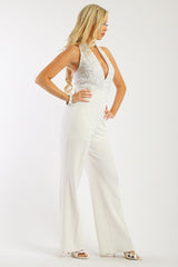 Solid Jumpsuit With Sequined Crochet Lave Halter Top
