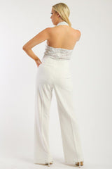Solid Jumpsuit With Sequined Crochet Lave Halter Top