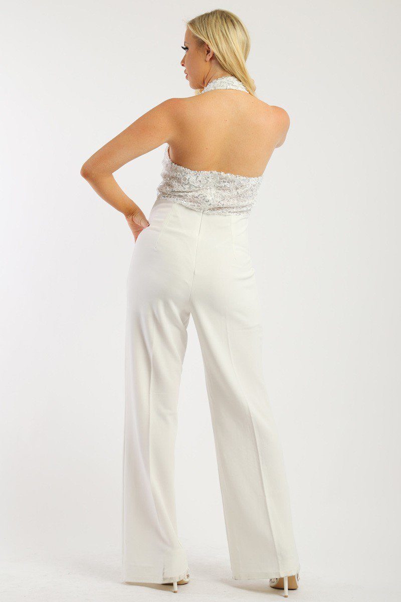Solid Jumpsuit With Sequined Crochet Lave Halter Top