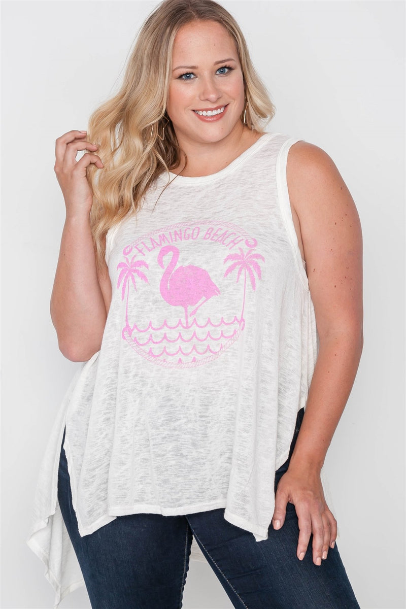 Plus Size Off White Knit Graphic Tank Top