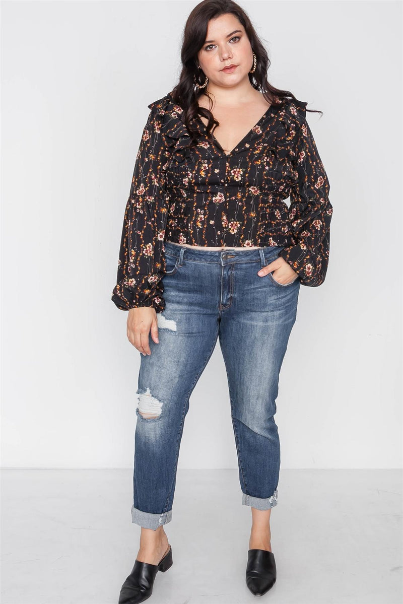 Plus Size Floral V-neck Ruffle Long Sleeve Top