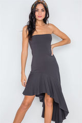 Strapless Flounce Hem Solid Dress