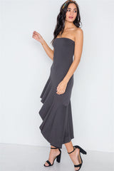 Strapless Flounce Hem Solid Dress