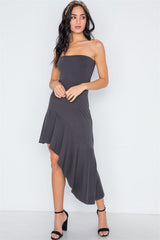 Strapless Flounce Hem Solid Dress