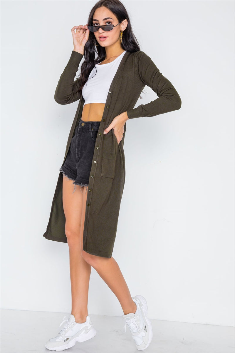 Button Front Long Line Cardigan
