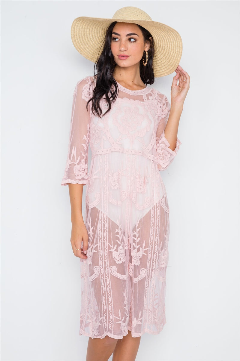 Dusty Pink Floral Embroidery Tunic Dress