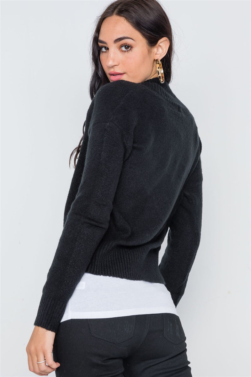 Black Knit Deep V-neck Surplice Long Sleeve Sweater