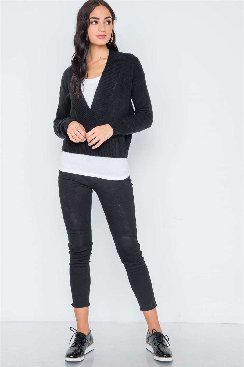 Black Knit Deep V-neck Surplice Long Sleeve Sweater