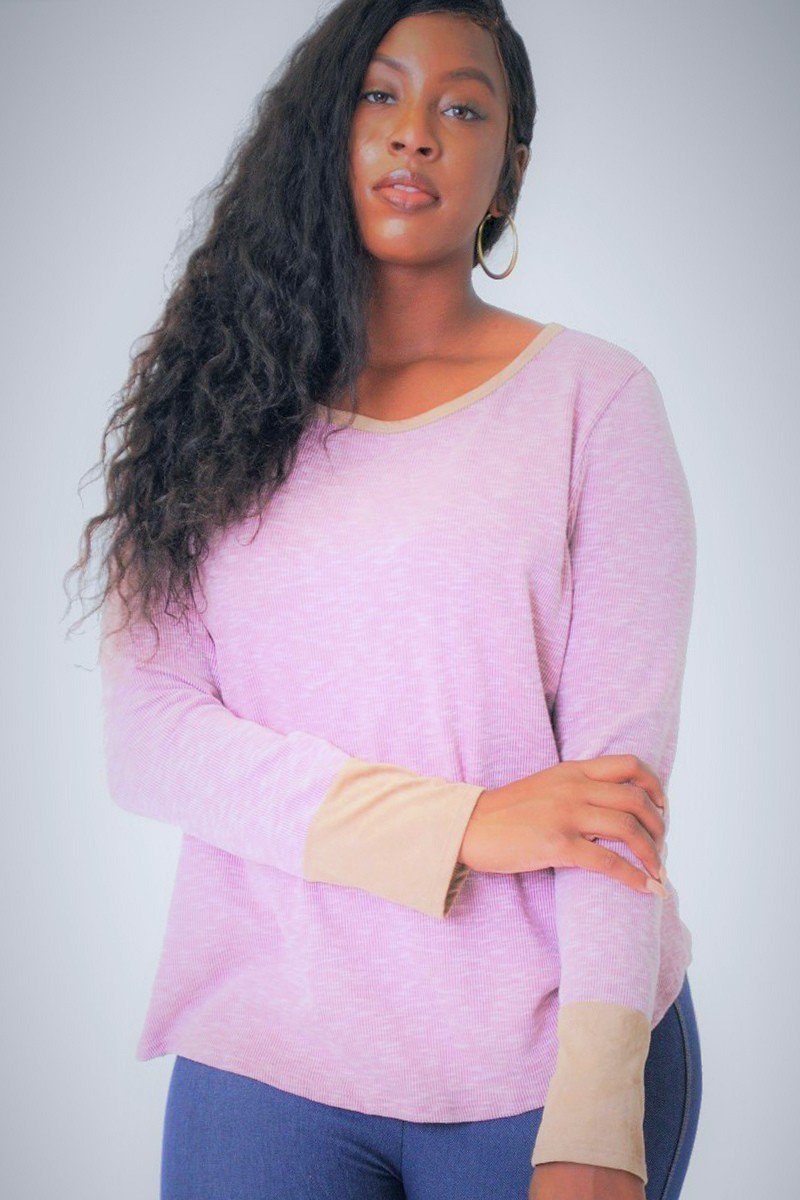 Solid, Waist Length Long Sleeve Top In A Relaxed Style With A Round Neck And Faux Suede Contrast