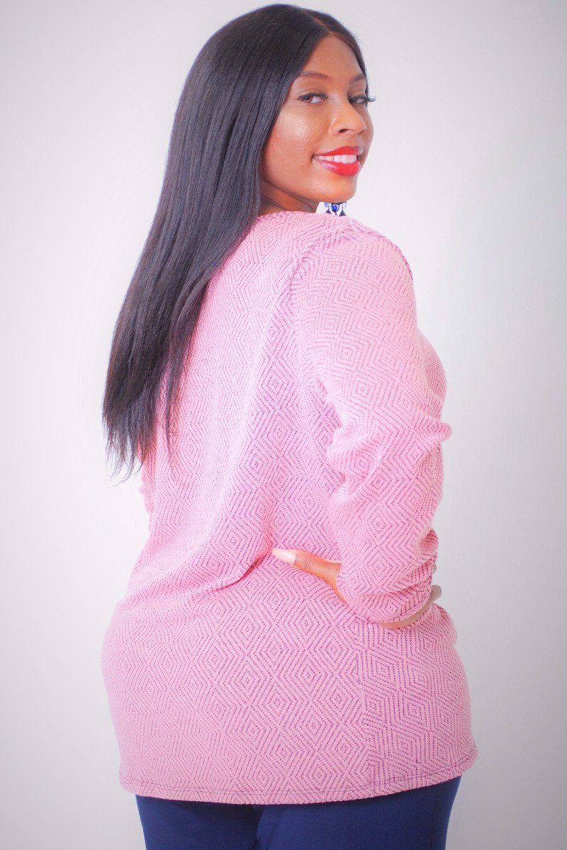 Stretchy Two Tone Knit, Diamond Pattern Long Sleeves Top
