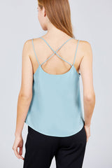 V-neck W/back Cross Strap Cami Woven Top