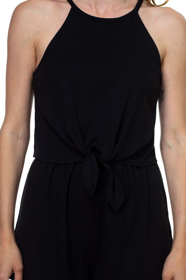 Sleeveless Ribbed Front Tie Romper