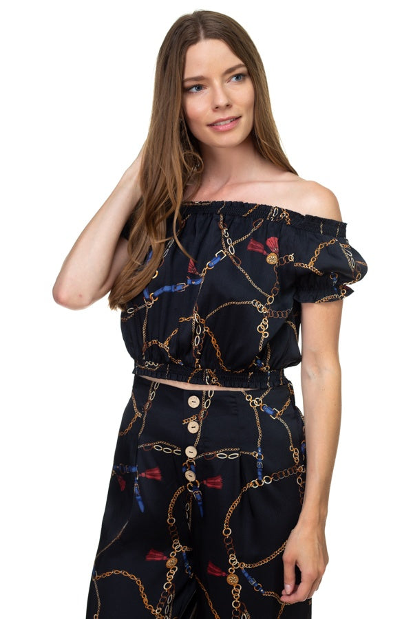 Smocked Off Shoulder Top & Button Pants Set