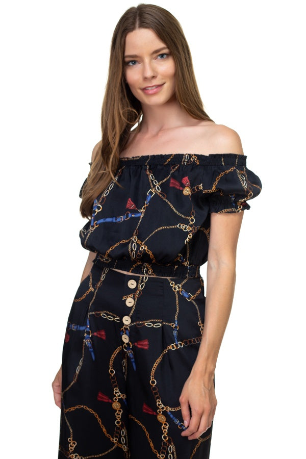Smocked Off Shoulder Top & Button Pants Set