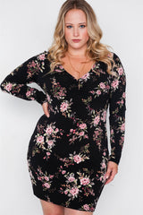 Plus Size Black Floral V-neck Long Sleeve Mini Dress