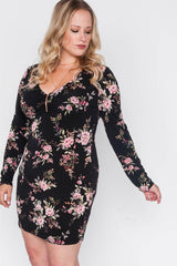 Plus Size Black Floral V-neck Long Sleeve Mini Dress