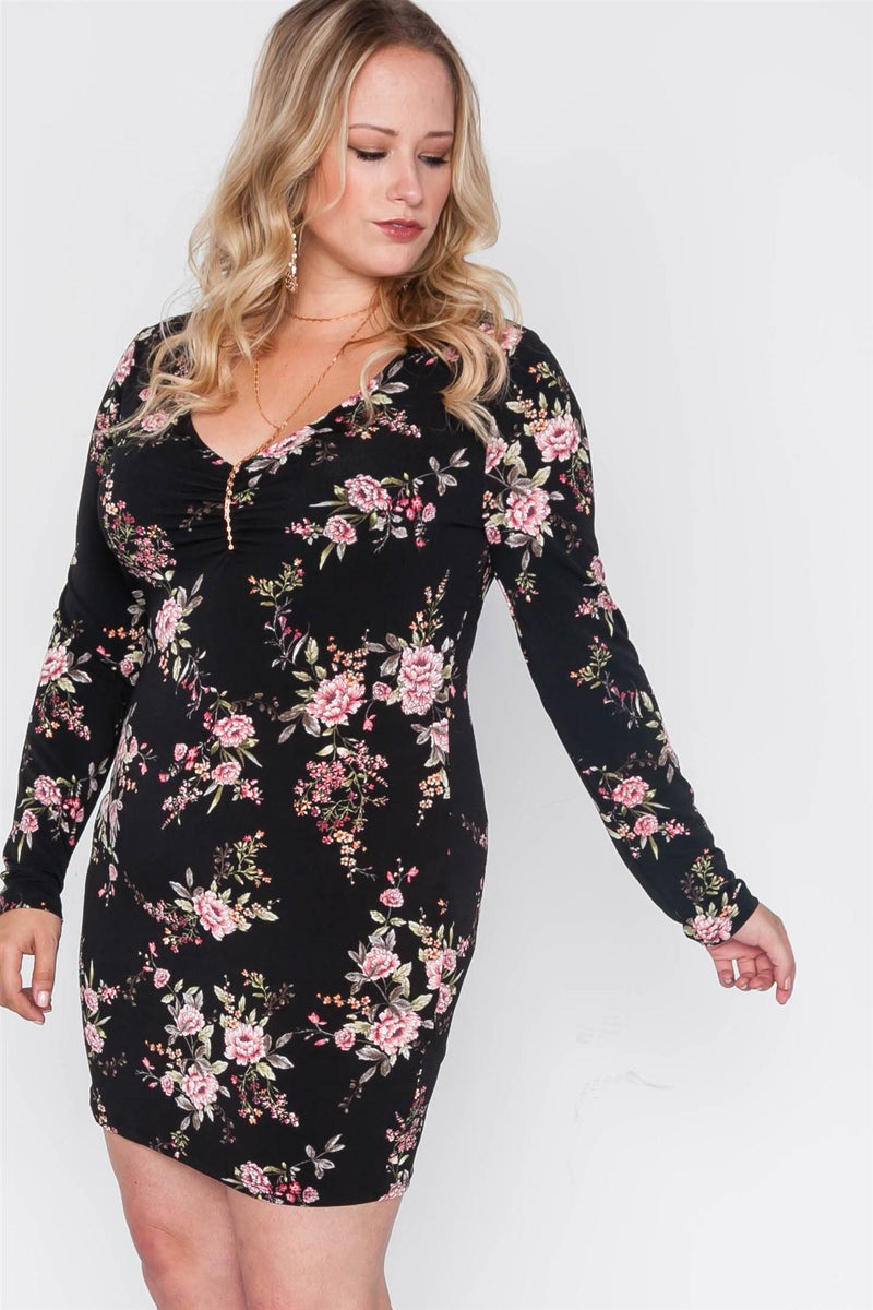 Plus Size Black Floral V-neck Long Sleeve Mini Dress