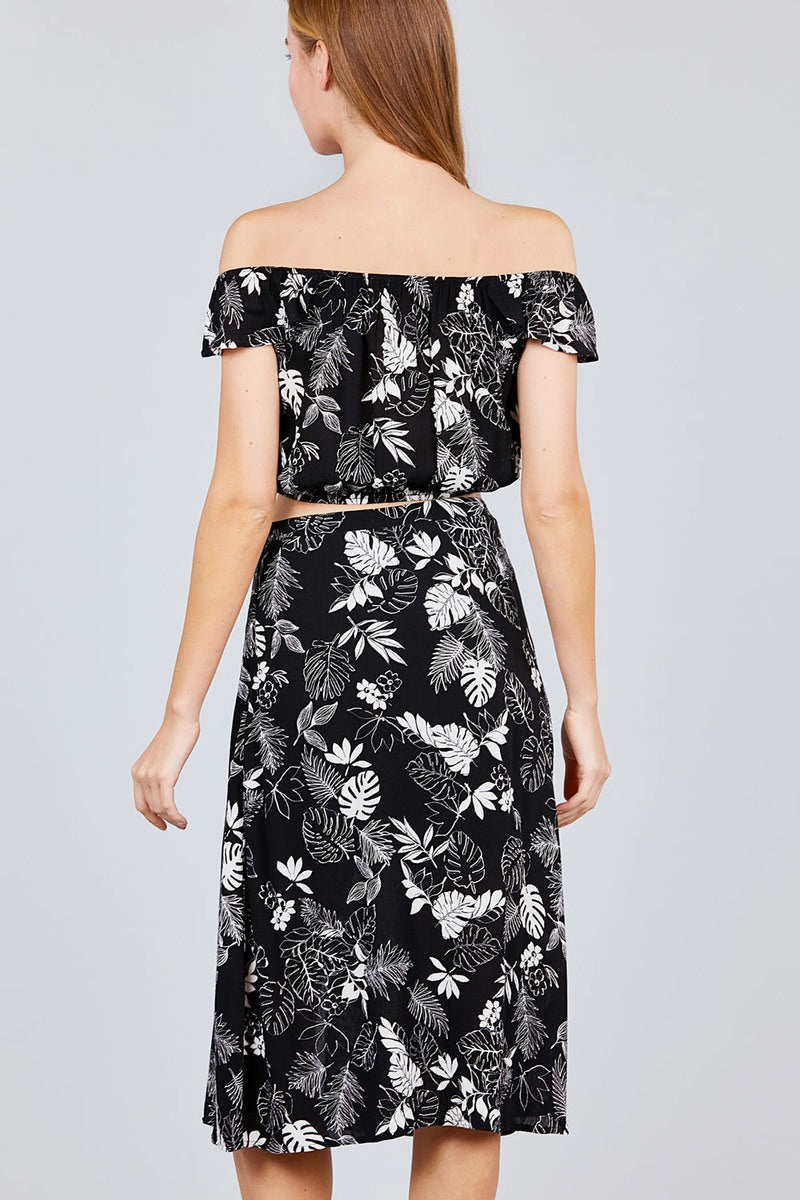 Tulip Sleeve Off The Shoulder Button Down Crop Top And Button Down Midi Skirt Set