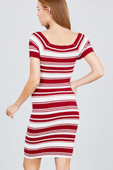 Short Sleeve V-neck W/cross Wrap Multi Stripe Sweater Dress