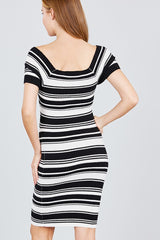 Short Sleeve V-neck W/cross Wrap Multi Stripe Sweater Dress