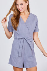 Short Sleeve V-neck Surplice W/waist Belt Stripe Romper