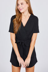 Short Sleeve V-neck Surplice W/waist Belt Stripe Romper
