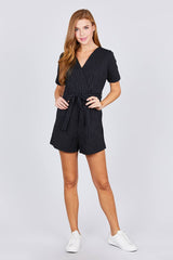 Short Sleeve V-neck Surplice W/waist Belt Stripe Romper