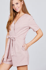 Short Sleeve V-neck Surplice W/waist Belt Stripe Romper
