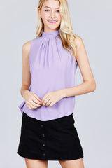 Sleeveless Mock Neck Back Button Woven Top