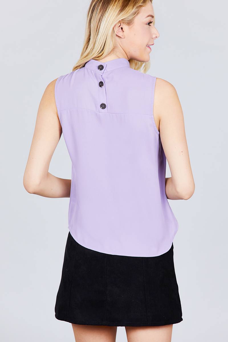 Sleeveless Mock Neck Back Button Woven Top