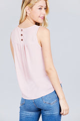 Sleeveless Round Neck Back Button Detail Woven Top