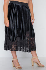 Plus Size Black Velvet Pleated Lace Hem Midi Skirt