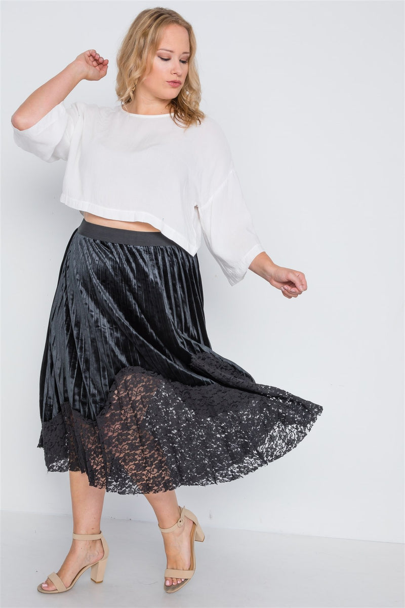 Plus Size Black Velvet Pleated Lace Hem Midi Skirt