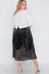 Plus Size Black Velvet Pleated Lace Hem Midi Skirt