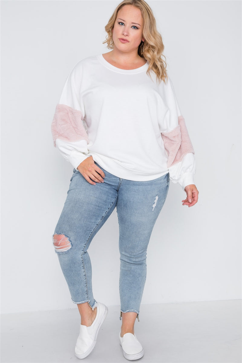 Plus Size Faux Fur Pink Sleeves Sweater