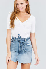Elbow Sleeve V-neck W/shirring Rayon Spandex Rib Knit Top