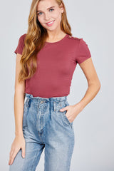Short Sleeve Round Neck W/shoulder Button Down Rayon Spandex Rib Knit Top