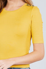 Elbow Sleeve Crew Neck W/shoulder Button Detail Rib Knit Top