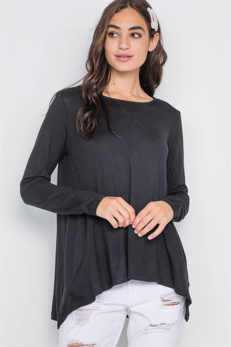 Black Long Sleeve Solid Asymmetrical Sweater