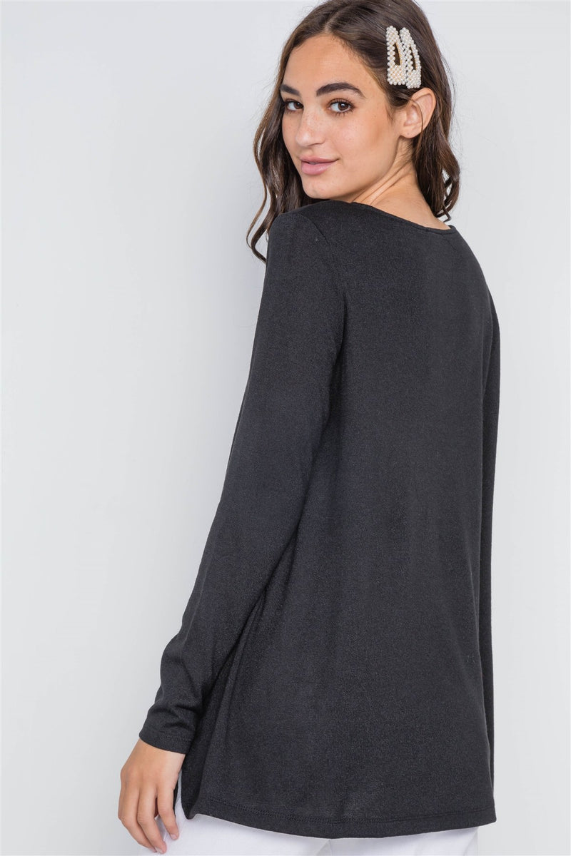 Black Long Sleeve Solid Asymmetrical Sweater