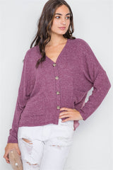Berry Long Sleeve Knit Button-front Combo Cardigan