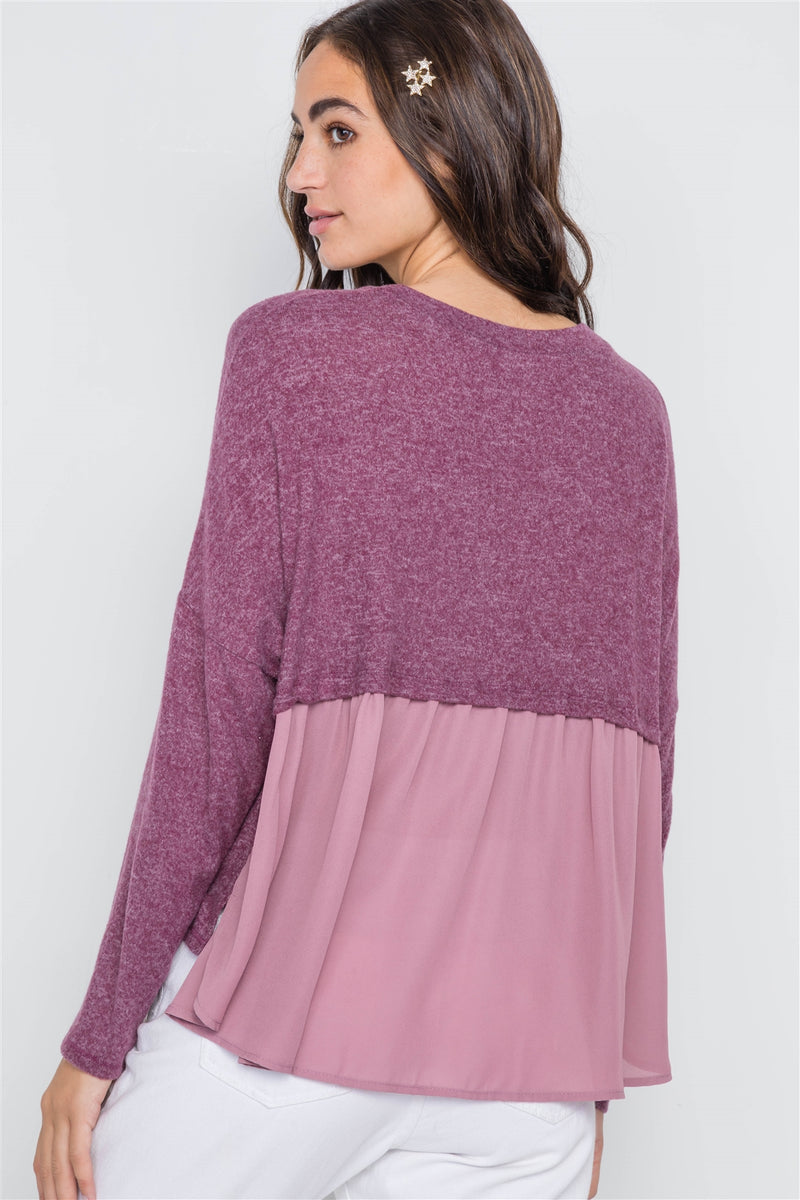 Berry Long Sleeve Knit Button-front Combo Cardigan