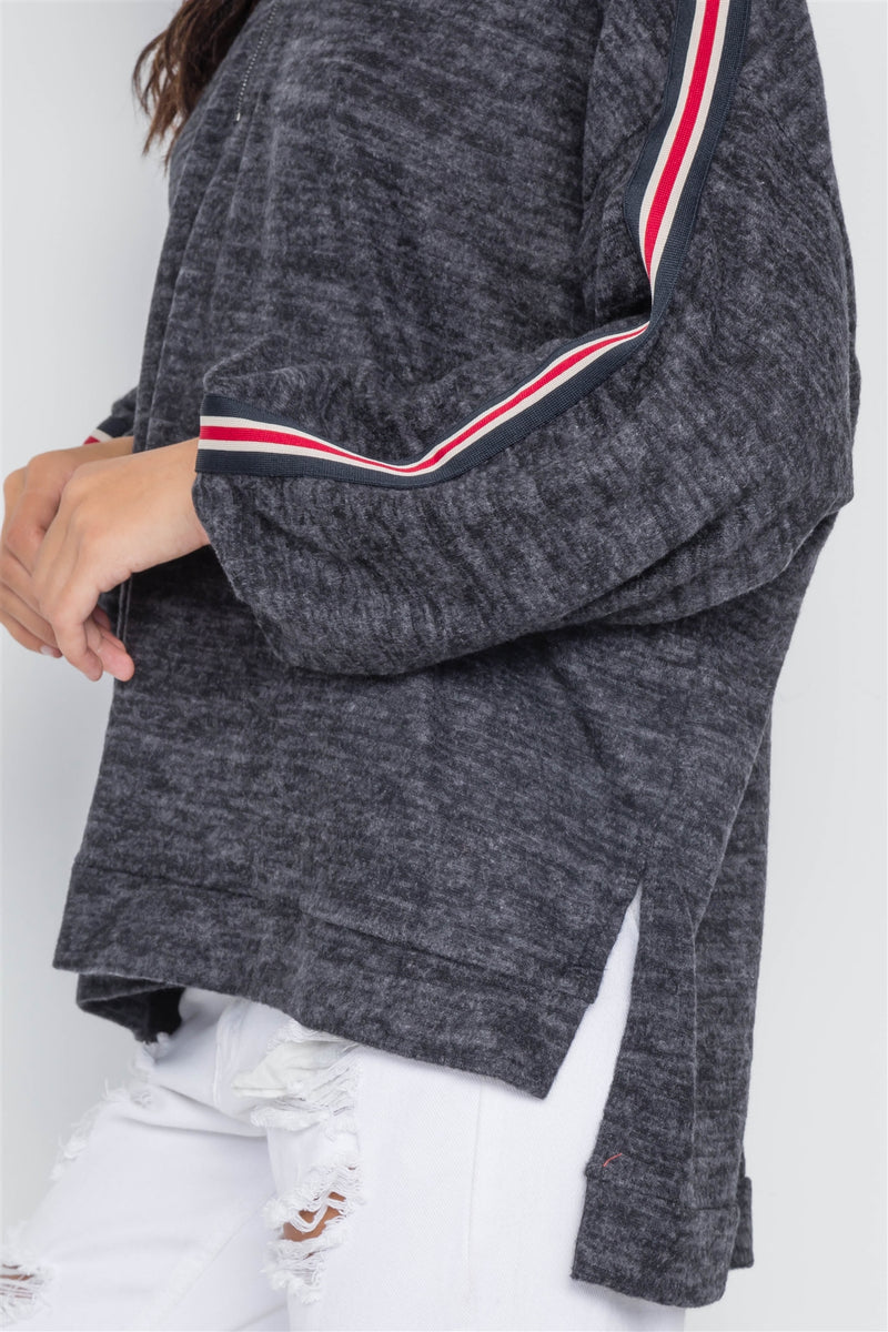 Charcoal Contrast Trim Stripe Sleeves Sweater
