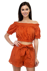Smocked Off Shoulder Top & High Waist Eyelet Shorts Set