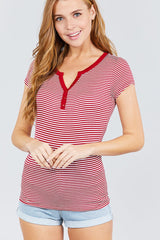 Short Sleeve Contrast Henley Neck Stripe Rayon Spandex Knit Top