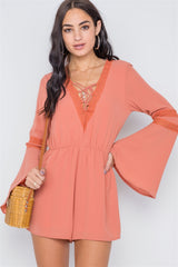 Crochet Bell Sleeve Lace-up Romper