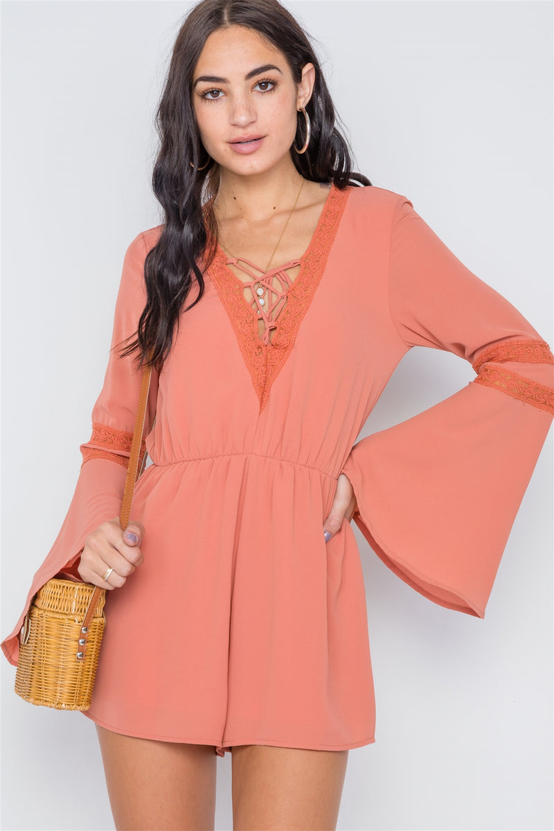 Crochet Bell Sleeve Lace-up Romper