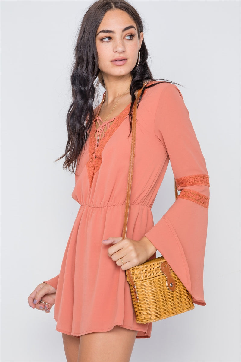 Crochet Bell Sleeve Lace-up Romper